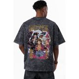 Sevbano Monkey D. Luffy One Piece Anime Karakterler Baskılı Unisex Oversize Eskitme Yıkamalı Tişört - Siyah - 2XL