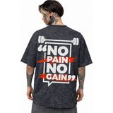 Sevbano No Pain No Gain Yazılı Sporcu Gym Fitness Sırt Baskılı Unisex Oversize Eskitme Yıkamalı Tişört - Siyah - XL