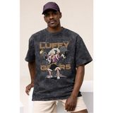 Sevbano One Piece Monkey D. Luffy Fitness Bodybuilding Anime Baskılı Unisex Oversize Vintage Yıkamalı Tişört - Siyah - XS