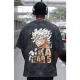 Sevbano One Piece Monkey D. Luffy Gear 5 Anime Sırt Baskılı Unisex Oversize Eskitme Yıkamalı Tişört - Siyah - 2XL