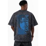 Sevbano Sasuke Uchiha Naruto Anime Karakterler Baskılı Unisex Oversize Eskitme Yıkamalı Tişört - Siyah - XS
