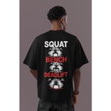 Sevbano Squat Bench Deadlift Halter Powerlifter Bodybuilding Fitness Sırt Baskılı Unisex Oversize Tişört - Siyah - XS