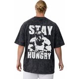 Sevbano Stay Hungry Arnold Bodybuilding Fitness Sporcu Sırt Baskılı Unisex Oversize Vintage Yıkamalı Tişört - Siyah - XL