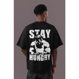 Sevbano Tasarım Arnold Stay Hungry Bodybuilding Fitness Sırt Baskılı Unisex Oversize Tişört - Siyah - 2XL