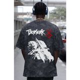 Sevbano Tasarım Berserk Guts Anime Sırt Baskılı Unisex Oversize Eskitme Yıkamalı Tişört - Siyah - XL