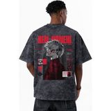 Sevbano Tasarım Ken Kaneki Tokyo Ghoul Anime Baskılı Unisex Oversize Eskitme Yıkamalı Tişört - Siyah - 3XL