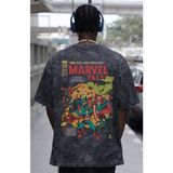 Sevbano Tasarım Marvel Tale Avengers Kahramanlar Sırt Baskılı Unisex Oversize Eskitme Yıkamalı Tişört - Siyah - 4XL