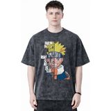 Sevbano Tasarım Naruto Uzumaki Anime Baskılı Unisex Oversize Eskitme Yıkamalı Tişört - Siyah - XS