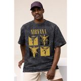 Sevbano Tasarım Nirvana Rock Metal Müzik Grubu Baskılı Unisex Oversize Vintage Yıkamalı Tişört - Siyah - XS