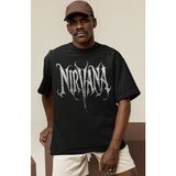 Sevbano Tasarım Nirvana Yazılı Rock Metal Müzik Grubu Baskılı Unisex Oversize Tişört - Siyah