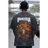 Sevbano Tasarım Pantera Rock Metal Müzik Grubu Baskılı Unisex Oversize Eskitme Yıkamalı Tişört - Siyah - XL