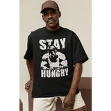 Sevbano Tasarım Stay Hungry Arnold Fitness Bodybuilding Baskılı Unisex Oversize Tişört - Siyah - XL