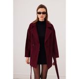 SevdeUgur Kadın Bordo Oversize Kısa Kaşe Kaban Kemerli Astarlı - Sevde Ugur