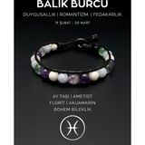 Seven Art Jewelry Doğal Taş Bileklik, Balık Burcu, Ay Taşı, Ametist, Akuamarin, Florit Taşı Bohem Bileklik