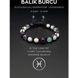 Seven Art Jewelry Doğal Taş Bileklik, Balık Burcu, Ay Taşı, Ametist, Akuamarin, Florit Taşı Makrome Bileklik Ayarlanab