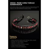 Seven Art Jewelry Doğal Taş Bileklik, Kırmızı ve Pembe Varisli Turkuaz Taşı Bileklik, Hediye Bileklik