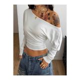 SEVENLINE Kadın Dalgıç Kumaş Asimetrik Tek Omuz Drapeli Uzun Kollu Crop Bluz