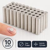 Sevgift 7x1.5 mm Yuvarlak Neodyum Mıknatıs | Güçlü Disk Magnet | Nikel Kaplamalı | 10 Adet - Gri