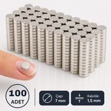 Sevgift 7x1.5 mm Yuvarlak Neodyum Mıknatıs | Güçlü Disk Magnet | Nikel Kaplamalı | 100 Adet - Gri