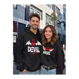 Sevgili Çift Kombin Devil & Angel Baskılı Renk Kapüşonlu Sweatshirt 2Li Set Takım 3 İplik Pamuk