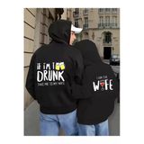 Sevgili Çift Kombin Drunk&Wife Baskılı Renk Kapüşonlu Sweatshirt 2Li Set Takım 3 İplik Pamuk