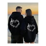 Sevgili Çift Kombin Hoodie Notalı Kalp Baskılı Oversize Kapüşonlu Sweatshirt 2’li Set Unisex 3 İplik