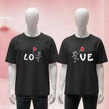 Sevgili Çift Kombini Baskılı Bisiklet Yaka Geniş Kalıp Unisex Tshirt - Siyah