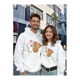 Sevgili Çift Kombini Sevimli Ayıcık Baskılı Kapüşonlu Sweatshirt 2Li Set Takım 3 İplik Pamuk