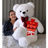 Sevgililer Günü İçin Romantik Hediye 140 cm Papyonlu Büyük Peluş Ayıcık ve Kalpli Ayıcık Buketi (beyaz)