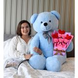 Sevgililer Günü İçin Romantik Hediye 140 cm Papyonlu Büyük Peluş Ayıcık ve Kalpli Ayıcık Buketi (mavi)
