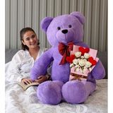 Sevgililer Günü İçin Romantik Hediye 140 cm Papyonlu Büyük Peluş Ayıcık ve Kalpli Ayıcık Buketi (mor)