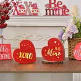 Sevgililer Günü Kalp Dekoru - 2 Adet Işıklı Ahşap Kalp Süslemeleri, "Be Mine" & "XOXO" LED Işıklı Masa Dekoru, Aşamalı Tepsi Rafı için Sevgililer Günü Orta Parçası Mantel Şömine Masası (kırmızı)