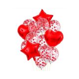Sevgililer Günü Kırmızı Kalp Konfetili 2 Yıldızlı 2 Kalpli 10 Şeffaf Balon Demeti