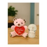 Sevgiliye Eşe Özel Günlere Hediye Sevimli Mini Peluş Ayıcık Ve Mini Melek Kar Küresi Set Pembe