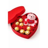 Sevgiliye Hediye, Kırmızı Kalp Kutu İçinde Ferrero Rocher Çikolata, Çiçekler ve Sevimli Ayıcık, Yıldönümü & Doğum Günü Hediyesi