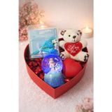 Sevgiliye Romantik Hediye Kutusu Işıklı Kalp Mavi Kar Küresi Peluş Ayıcık Ve Gül Buketi Hediye Set03
