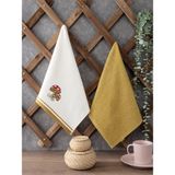 Sevim 2'li Mutfak Havlusu - Pamuk - Mantar Nakışlı Kurulama Bezi - 40 x 60 cm - Hardal & Ekru Mutfak Havlu Seti - 40 x 60 cm