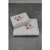 Sevim 2'Li Set Banyo Havlusu - Bambu & Nakışlı Banyo Havlu Seti - 2'Li Çeyiz Seti - Tivoli Lisette - Ekru