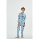 Sevim Erkek Çocuk Pijama Takımı Uzun Kollu Düğmeli Desenli Pijama Takımı C7T1N98 - Mavi