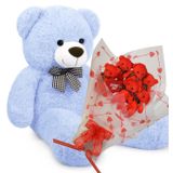 Sevimli 90 cm Peluş Ayı ile Premium Yumoş Kırmızı Peluş Ayıcık Buketi Açık Mavi