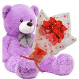Sevimli 90 cm Peluş Ayı ile Premium Yumoş Kırmızı Peluş Ayıcık Buketi Lila