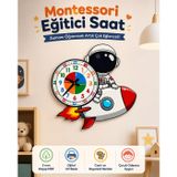 Sevimli Astronot Montessori Çocuk Odası Eğitici Ahşap Duvar Saati - Sessiz Mekanizma, Şık Tasarım