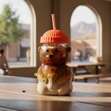 Sevimli Ayıcık Figürlü Borosilikat Cam Bardak 580 ml - Silikon Kapaklı ve Pipetli Lüx Barista - 0 - 200 ml