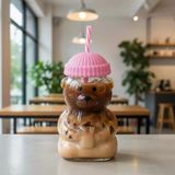 Sevimli Ayıcık Figürlü Borosilikat Cam Bardak 580 ml - Silikon Kapaklı ve Pipetli Lüx Barista Soğuk Içecek Bardağı (Pembe)
