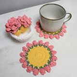 Sevimli Bardak Altlığı 4'lü Set, Komik Pembe Çiçek Altlıkları, Saksı Tutacağı ile İçecekler için Kroşe Bitki Pot Coaster Seti, Eğlenceli Yumuşak Dekoratif Bardak Altlıkları Yeni Ev Bar Masası için