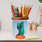 Sevimli Canavarlar Ahşaplı Seramik Kalemlik - FreeVectorSulley - Renkli