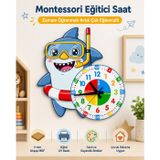 Sevimli Dalgıç Köpek Balığı Montessori Çocuk Odası Eğitici Ahşap Duvar Saati - Sessiz Mekanizma