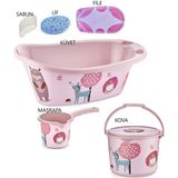 Sevimli Figürler 7 Parça Bebek Yıkama Banyo Küvet Seti Kova Maşrapa Küvet Filesi Sünger Sabun(Pembe) - Ekru