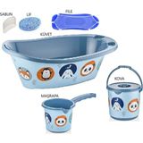 Sevimli Figürler 7 Parça Bebek Yıkama Banyo Küvet Seti Kova Maşrapa Küvet Filesi Sünger Sabun(Pembe) - Turkuaz