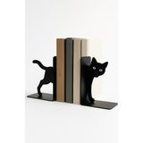 Sevimli Gözlü Kedi Figürlü Metal Kitap Tutucu 2’li Set – Dekoratif Kitaplık ve Masa Üstü Aksesuarı - Siyah